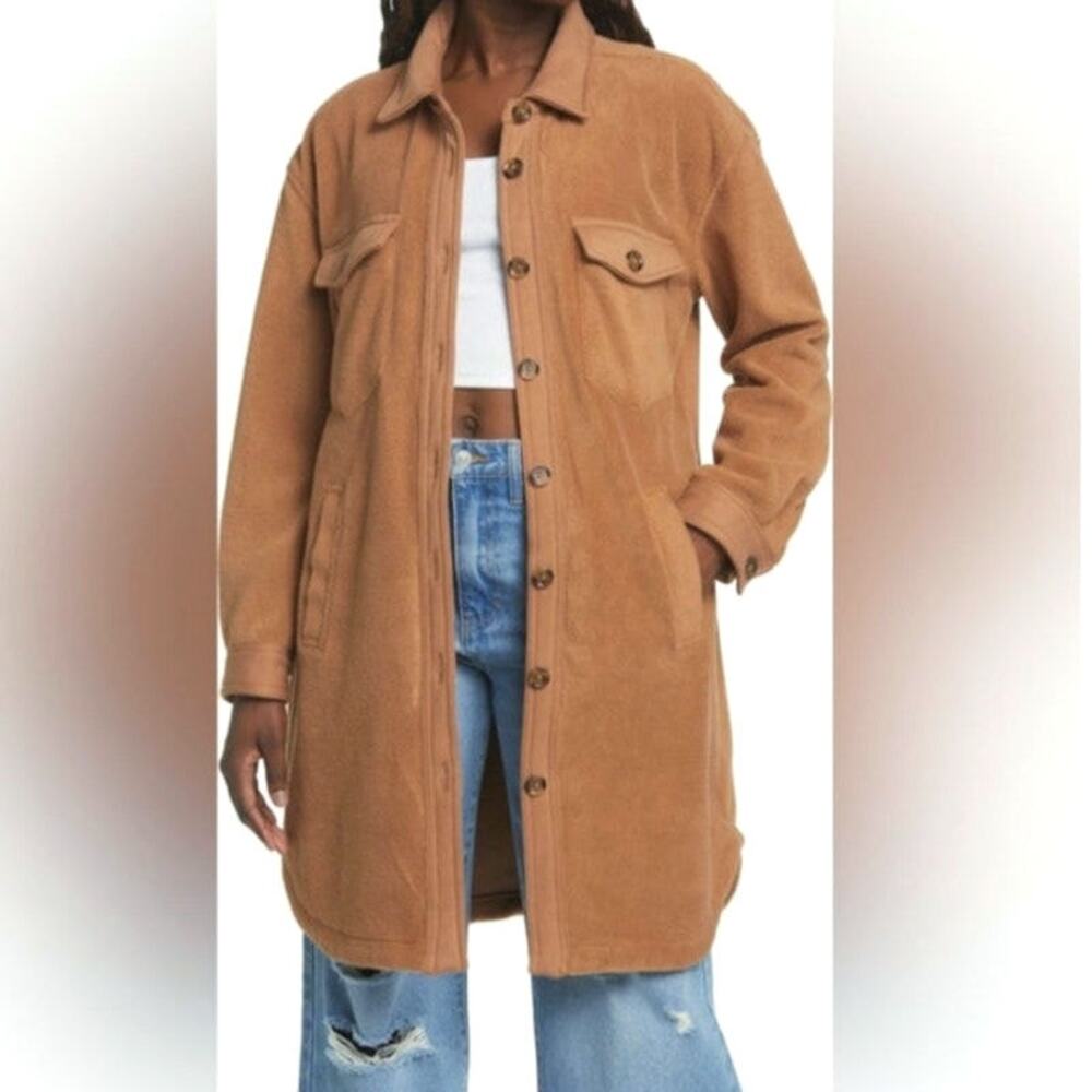 BlankNYC Fleece Shacket Camel Tan Button Down Long Jacket Size S Oversized - Picture 15 of 16
